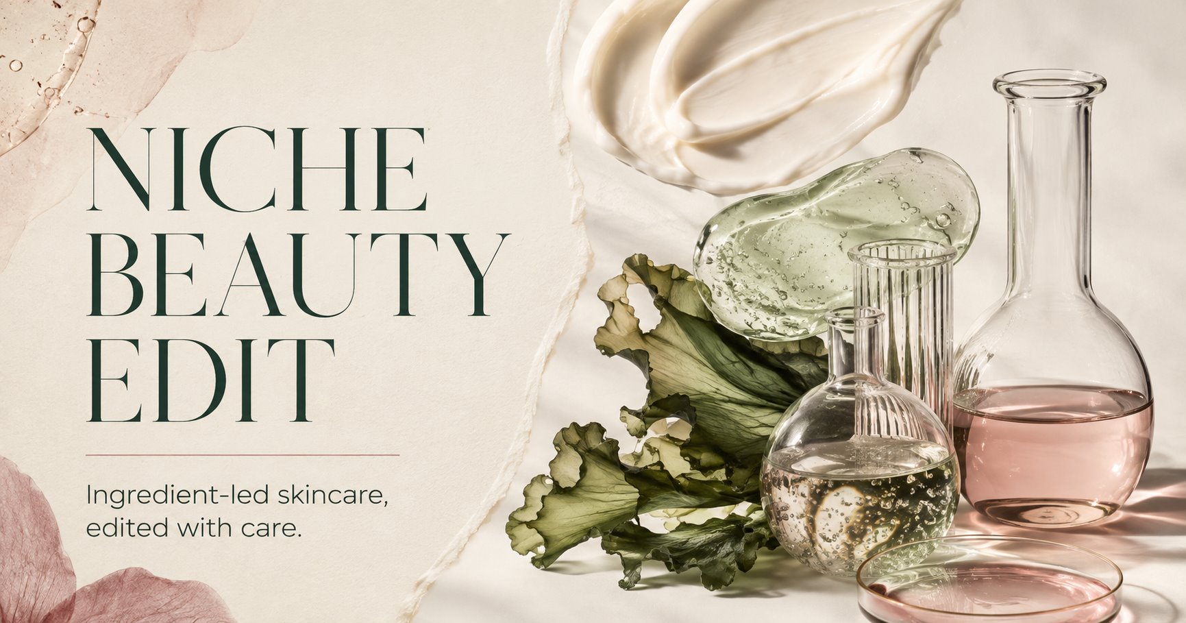 Editorial still life with skincare textures and laboratory glass
